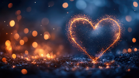 A soft, glittering heart-shaped pattern against a dark background, with small, twinkling lights adding a magical touch.の素材