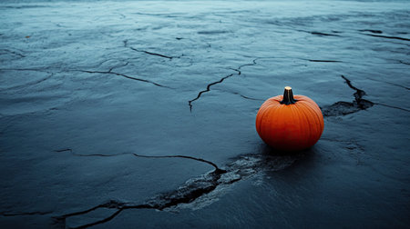 A single glowing pumpkin placed on a cracked stone surface, eerie candlelight illuminating the darkness.の素材