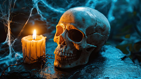 Cracked skull resting on dark stone with candlelight flickering nearby, spiderwebs hanging in the background, eerie scene.の素材