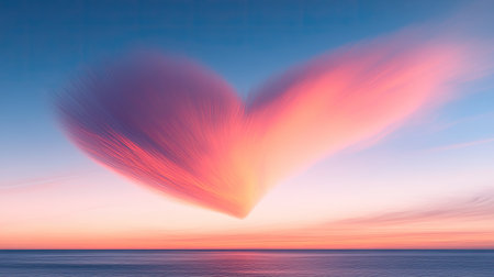 A soft pink heart-shaped cloud illuminated by the setting sun, with a gentle gradient of colors in the background.の素材