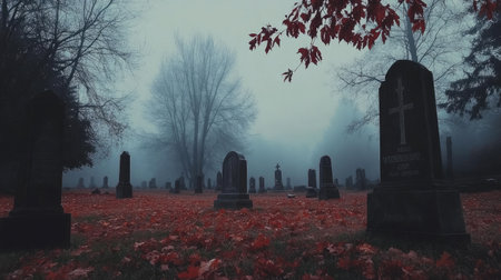 Foggy graveyard at dawn, tombstones barely visible through the mist, eerie atmosphere with autumn leaves scattered.の素材
