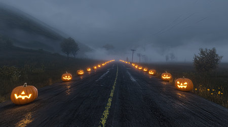 Halloween night on a deserted road, glowing pumpkins lining the path, fog rolling in.の素材