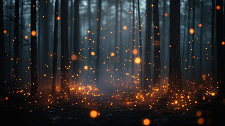 Dark Halloween background with glowing orange embers floating in the mist, creating a spooky effect.の素材