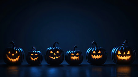 Dark background with glowing jack-o'-lanterns arranged in a row, creating an eerie, mysterious Halloween aesthetic.の素材