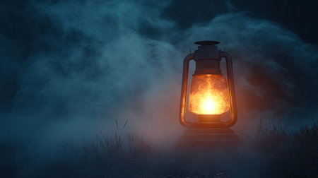Spooky Halloween night with an eerie glowing lantern barely visible through swirling fog.の素材