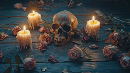 Wooden table with melting candles, dried roses, and a cracked skull, moody Halloween background with copy space.の素材