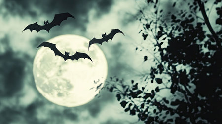 Spooky Halloween setting with a full moon in a cloudy sky, dark silhouettes of bats flying in the night.の素材