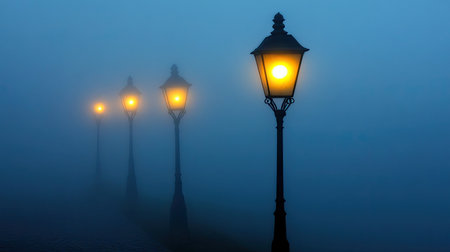 Spooky Halloween fog drifting through an old, abandoned village, eerie glowing lanterns barely visible.の素材