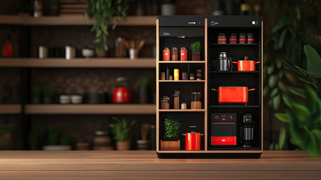 Shopee augmented reality shopping app displaying virtual kitchen appliances on a smartphone with space for additional copy.の素材