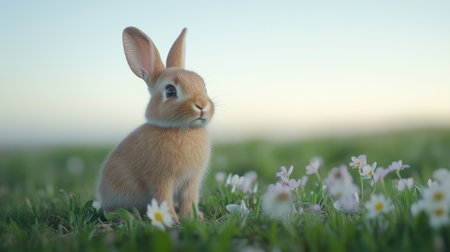 A curious baby rabbit sitting on a patch of green grass, surrounded by wildflowers, with a clear sky in the background.の素材