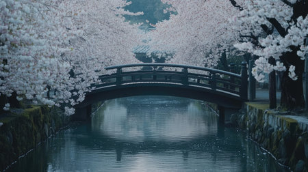 A small wooden bridge crossing a serene river, surrounded by blooming cherry blossoms.の素材