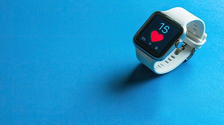 A smartwatch with a digital display showing heart rate monitoring, placed on a flat surface. Clean background for copy.の素材