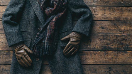 A classic winter coat, leather gloves, and a wool scarf arranged neatly on a rustic wooden surface.の素材