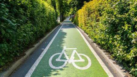 A well-maintained bicycle lane in a city park, surrounded by lush greenery.の素材