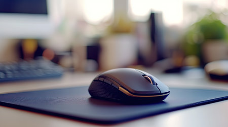 A computer mouse on a sleek mousepad, with a blurred background of a workstation.の素材