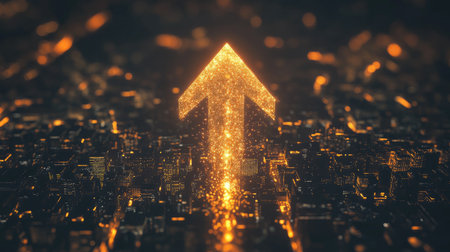 A D render of an upward-pointing arrow made of light trails, symbolizing the growth and success of startup businesses.の素材