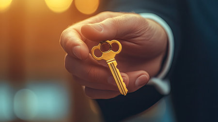 A close-up of a hand holding a golden key, symbolizing unlocking the door to achieving a goal.の素材