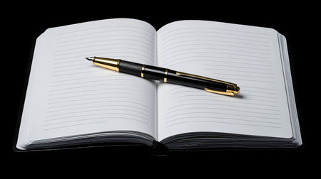 A blank page in a journal with a pen poised above, ready to set new personal and professional goals.の素材