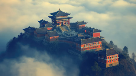 A hilltop temple surrounded by mist and clouds, creating an ethereal and tranquil mood.の素材