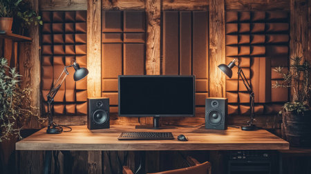 Cozy podcast studio with a wooden desk, two microphones, soundproof foam panels, and warm lighting.の素材