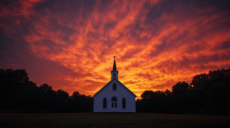 A simple white church against a fiery sunset sky, standing out vividly in the scene.の素材