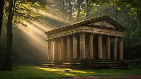 A stone temple in a forest clearing, bathed in soft sunlight filtering through the trees.の素材
