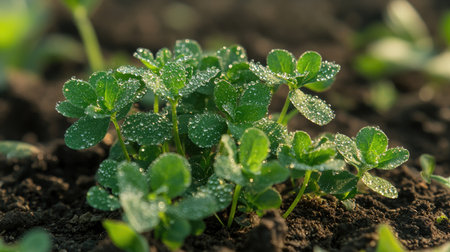 A small plant growing in fertile soil with drops of dew on the leaves, representing the freshness of nature.の素材