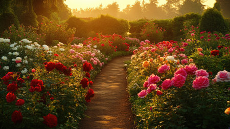 A breathtaking view of a rose garden, featuring vibrant shades of red, pink, and white blossoms under soft, warm light.の素材