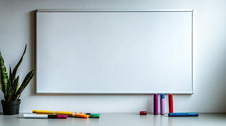 A blank whiteboard with colorful markers, representing an empty canvas for setting and organizing goals.の素材