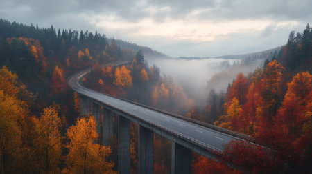 A bridge road over a misty gorge, with the surrounding landscape softly illuminated.の素材