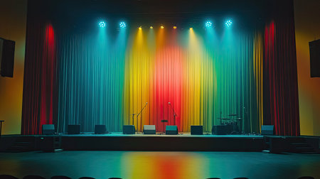 A colorful lighting setup on an empty concert stage, with stage curtains drawn back, awaiting the musicians to perform.の素材