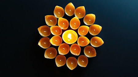 A cluster of small tealight candles burning brightly, arranged symmetrically on a black background.の素材