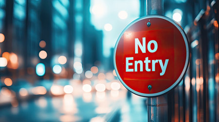 A clean shot of a red and white road sign with a No Entry symbol, placed against a blurred city street, providing space for text.の素材
