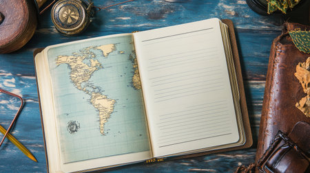 A flat lay of an open travel itinerary notebook with blank spaces for upcoming travel goals.の素材