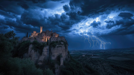 A dramatic thunderstorm above a mysterious castle on a cliff, with lightning illuminating the dark, swirling clouds in the sky.の素材