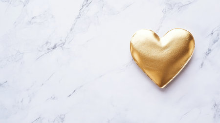 A blank Valentine's card with a gold foil heart on a white marble surface with subtle shadows.の素材