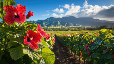 A close view of a hibiscus field in bloom with a clear view of mountains in the background.の素材