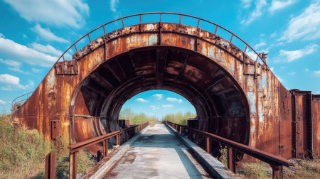 A wide-angle view of a rusty, industrial metal structure with oxidized surfaces and textured patinas, offering a weathered and worn look.の素材