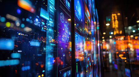 A close-up of an LED display featuring glowing digital elements, vibrant colors, and ample room for additional copy.の素材