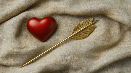 A golden Cupid's arrow and a red heart, placed symmetrically on a textured background of soft fabric.の素材