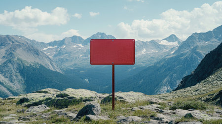 A blank road hazard sign positioned in front of a rocky mountain backdrop, with clear skies and open space for alert visuals.の素材