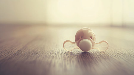 A newborn's pacifier placed on a smooth wooden surface, with a calming background in soft beige tones.の素材