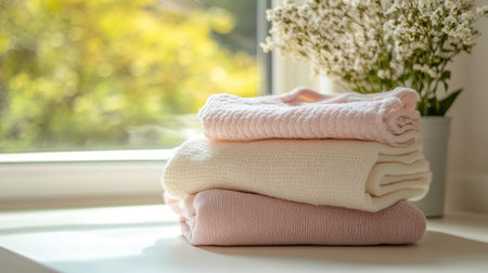 A neatly folded stack of pastel baby clothes on a smooth surface, surrounded by natural light.の素材