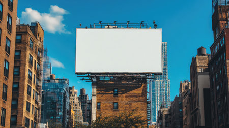 A huge white canvas of an advertising sign atop a high-rise, perfect for outdoor marketing with a city backdrop.の素材