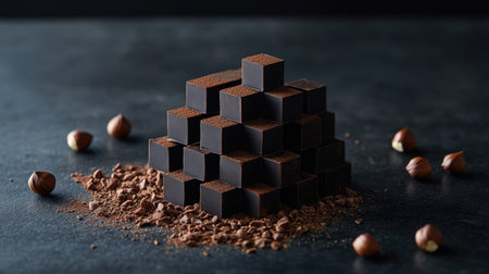Dark chocolate squares stacked asymmetrically, surrounded by crushed hazelnuts.の素材