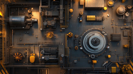 A bird's-eye view of an intricate network of gears and mechanical parts, creating a seamless industrial composition.の素材