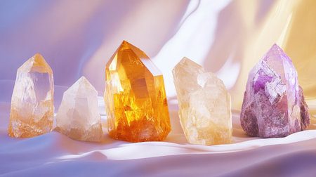 A collection of raw crystals in various colors, such as rose quartz and citrine, displayed against a soft pastel-colored background.の素材