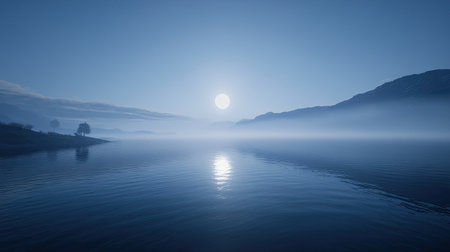 A luminous moon rising over a peaceful, fog-covered lake surrounded by mountains, casting an otherworldly glow on the still water.の素材