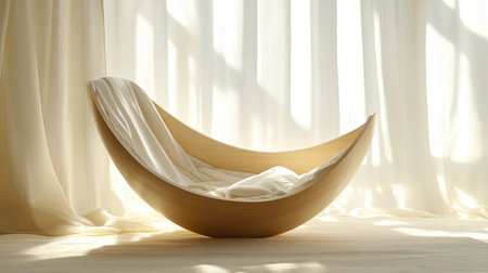 A smooth wooden cradle placed on a soft, pastel-colored fabric background, with diffused natural lighting.の素材