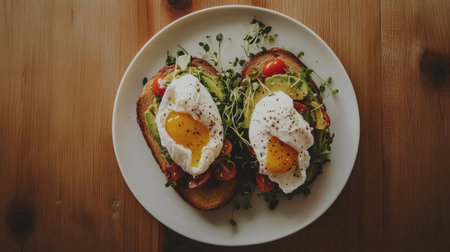 A plate of avocado toast topped with poached eggs and microgreens on a rustic wooden table, symbolizing nutritious meals for pregnancy. Natural and vibrant.の素材